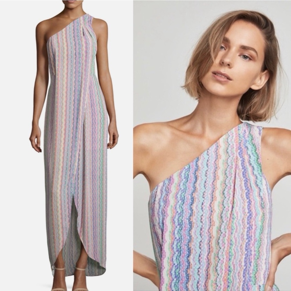 BCBGMAXAZRIA DRIES STRIPED ONE SHOULDER DRESS ALMOND BLOSSOM MULTI SIZE 4